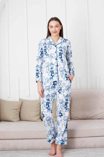 Çiçek Desenli Kadın Pijama Takımı - Boydan Düğmeli Likralı Viskon  2836UY