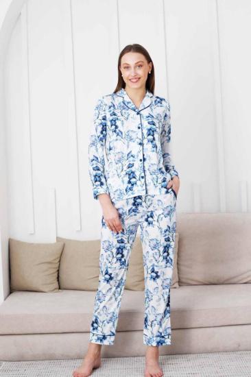 Çiçek Desenli Kadın Pijama Takımı - Boydan Düğmeli Likralı Viskon  2836UY