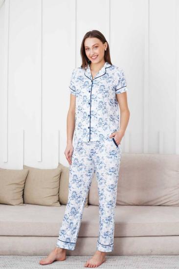 Çiçek Desenli Kadın Pijama Takımı - Boydan Düğmeli Likralı Viskon  2836KY