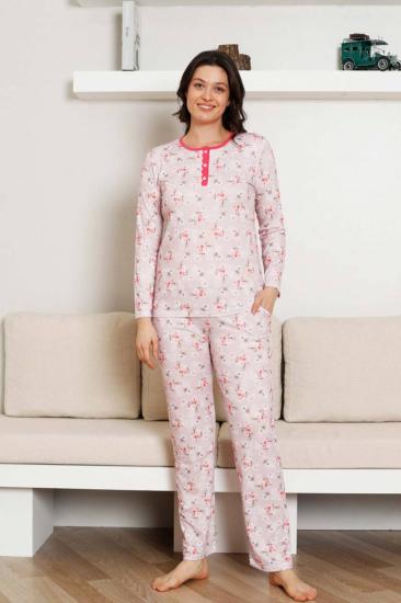 Çiçek Desenli Kadın Pijama Takımı - 3 Düğmeli Uzun Kol Likralı Viskon  2845UY