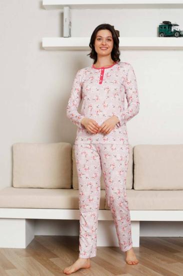 Çiçek Desenli Kadın Pijama Takımı - 3 Düğmeli Uzun Kol Likralı Viskon  2845UY