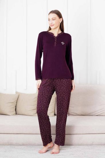 Nakışlı Kadın Pijama Takımı - 3 Düğmeli Uzun Kol Likralı Bambu Viskon  2838UY