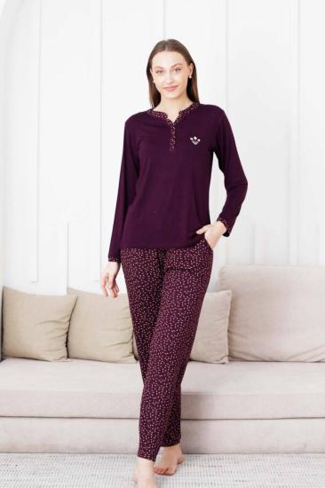 Nakışlı Kadın Pijama Takımı - 3 Düğmeli Uzun Kol Likralı Bambu Viskon  2838UY