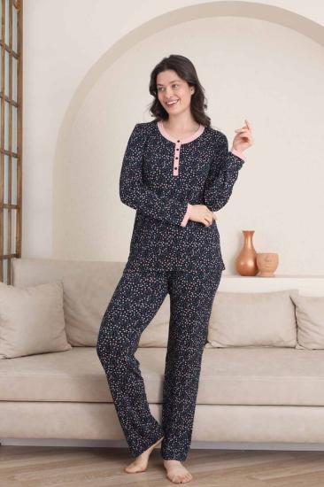 Çiçek Desenli Kadın Pijama Takımı - 3 Düğmeli Uzun Kol Likralı Viskon  2839UY