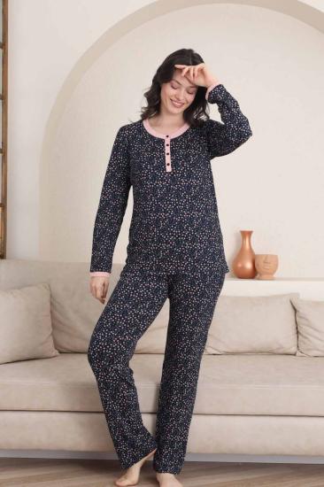 Çiçek Desenli Kadın Pijama Takımı - 3 Düğmeli Uzun Kol Likralı Viskon  2839UY