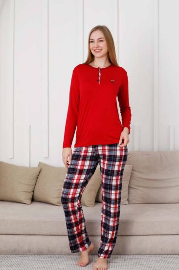 Kareli Kadın Pijama Takımı - 3 Düğme Uzun Kol Likralı Viskon  2848UY