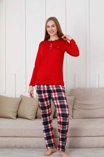 Kareli Kadın Pijama Takımı - 3 Düğme Uzun Kol Likralı Viskon  2848UY