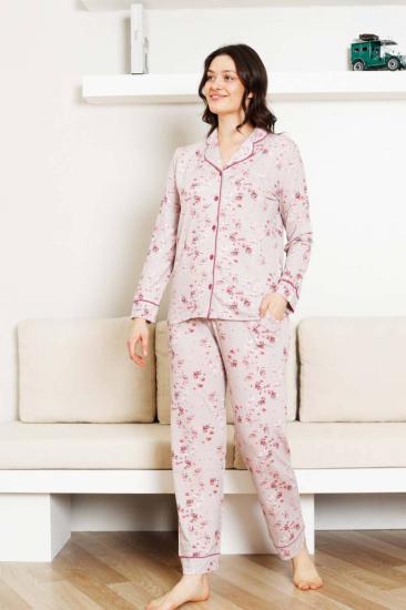 Önden Düğmeli Kadın Pijama Takımı - Uzun Kol Likralı Rink Viskon 2844UY
