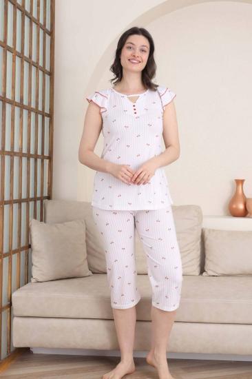 Desenli Kadın Pijama Takımı - Fırfırlı kol Likralı Viskon Bermuda 2840B