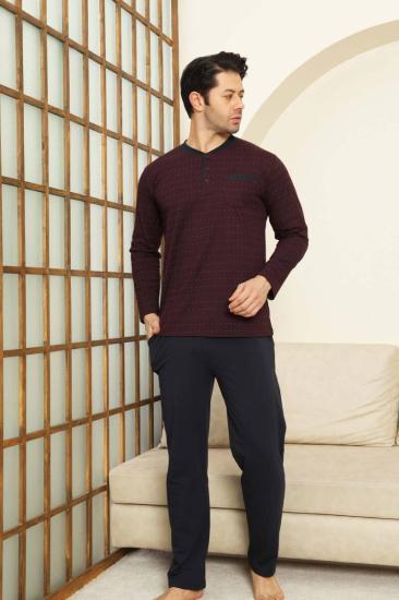 Mini Puantiyeli Erkek Pijama Takımı - Bordo  Uzun Kollu Likralı Penye 1213UY