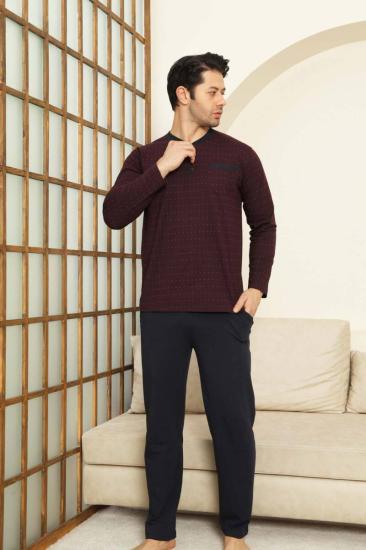 Mini Puantiyeli Erkek Pijama Takımı - Bordo  Uzun Kollu Likralı Penye 1213UY