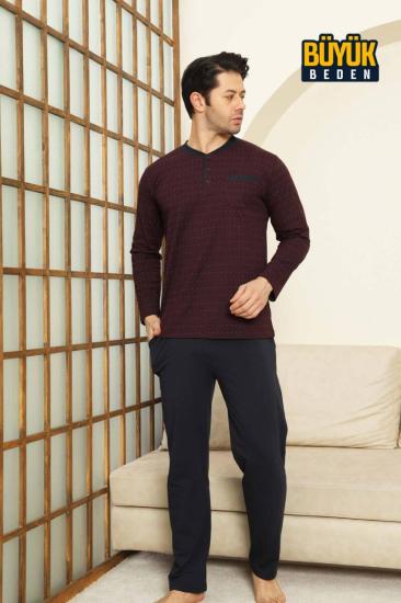 Mini Puantiyeli Erkek Pijama Takımı - Bordo  Büyük Beden Uzun Kollu Likralı Penye 1213UYB