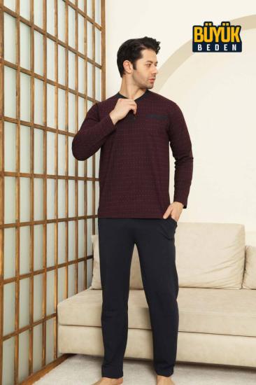Mini Puantiyeli Erkek Pijama Takımı - Bordo  Büyük Beden Uzun Kollu Likralı Penye 1213UYB