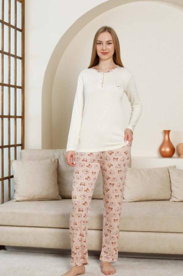 Ayıcık Desenli Kadın Pijama Takımı - Ekru Likralı Viskon Uzun Kollu 2849UY