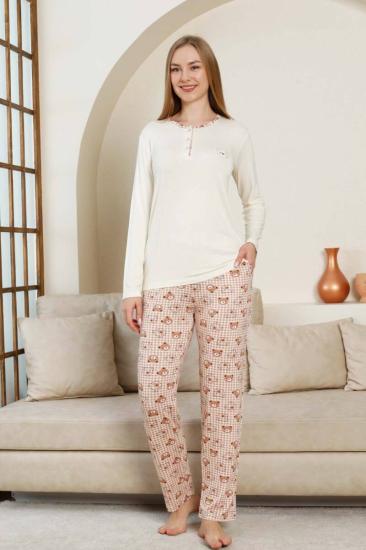 Ayıcık Desenli Kadın Pijama Takımı - Ekru Likralı Viskon Uzun Kollu 2849UY
