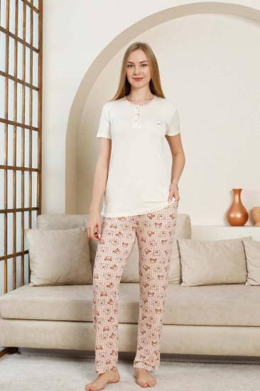 Ayıcık Desenli Kadın Pijama Takımı - Ekru Likralı Viskon Kısa Kollu 2849KY