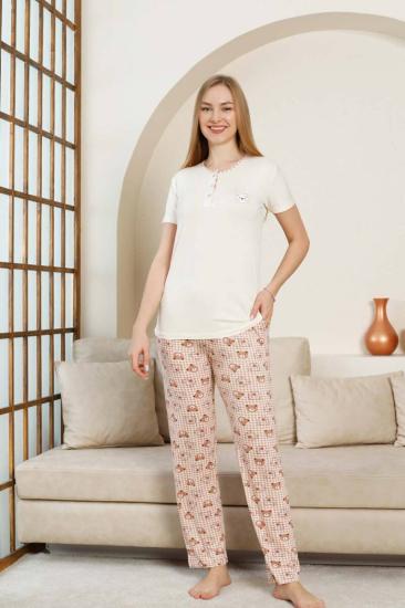 Ayıcık Desenli Kadın Pijama Takımı - Ekru Likralı Viskon Kısa Kollu 2849KY