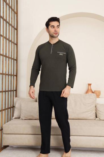Erkek Pijama Takımı - Yeşil Arma Nakışlı Likralı Uzun Kollu Penye 1194UY
