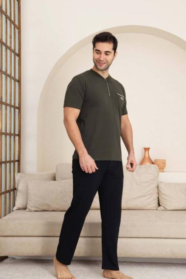 Erkek Pijama Takımı - Haki Arma Nakışlı Likralı Kısa Kollu Penye 1194KY