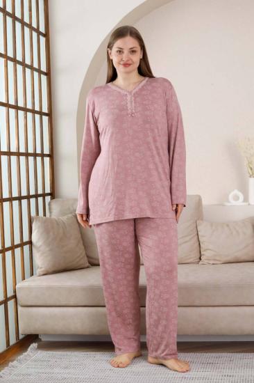 Büyük Beden Bayan Pijama Takımı - Gülkurusu Çiçek Desen Uzun Kol Likralı Viskon 2851UYB