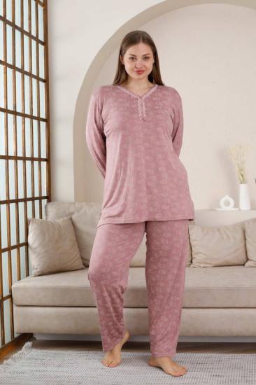 Büyük Beden Bayan Pijama Takımı - Gülkurusu Çiçek Desen Uzun Kol Likralı Viskon 2851UYB