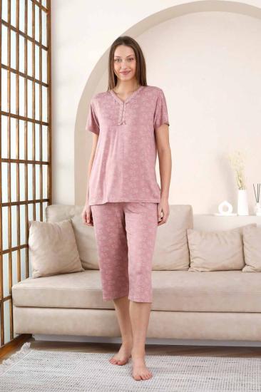 Bermuda Bayan Pijama Takımı - Gülkurusu Çiçek Desen Likralı Viskon 2851B
