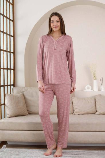 Uzun Kollu Bayan Pijama Takımı - Gülkurusu Çiçek Desen Likralı Viskon 2851UY
