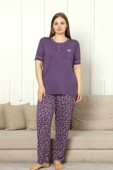 Büyük Beden Bayan Pijama Takımı - Mor Çiçek Desen Kısa Kol Likralı Viskon 2853KYB