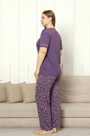 Büyük Beden Bayan Pijama Takımı - Mor Çiçek Desen Kısa Kol Likralı Viskon 2853KYB