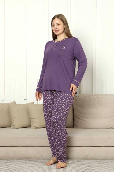 Büyük Beden Bayan Pijama Takımı - Mor Çiçek Desen Uzun Kol Likralı Viskon 2853UYB