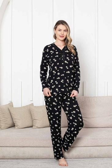 Bayan Pijama Takımı - Siyah Papatya Desen Uzun Kol Likralı Viskon 2855UY