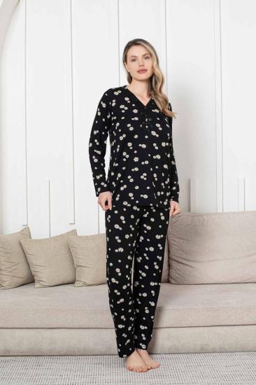 Bayan Pijama Takımı - Siyah Papatya Desen Uzun Kol Likralı Viskon 2855UY