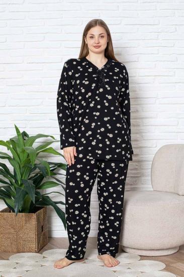 Bayan Büyük Beden Pijama Takımı - Siyah Papatya Desen Uzun Kol Likralı Viskon 2855UYB