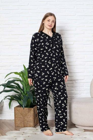 Bayan Büyük Beden Pijama Takımı - Siyah Papatya Desen Uzun Kol Likralı Viskon 2855UYB