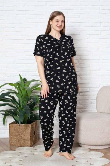 Bayan Büyük Beden Pijama Takımı - Siyah Papatya Desen Kısa Kol Likralı Viskon 2855KYB