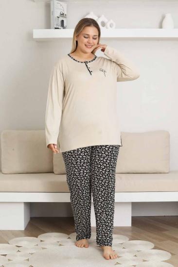 Nakışlı Kadın Pijama Takımı - Bej Büyük Beden Uzun Kol Likralı Bambu Viskon  2857UYB