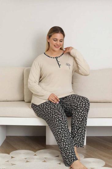 Nakışlı Kadın Pijama Takımı - Bej Büyük Beden Uzun Kol Likralı Bambu Viskon  2857UYB
