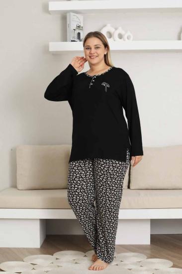 Nakışlı Kadın Pijama Takımı - Siyah Büyük Beden Uzun Kol Likralı Bambu Viskon  2857UYB