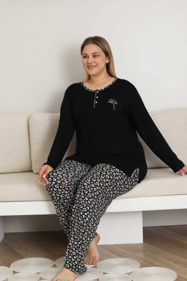 Nakışlı Kadın Pijama Takımı - Siyah Büyük Beden Uzun Kol Likralı Bambu Viskon  2857UYB