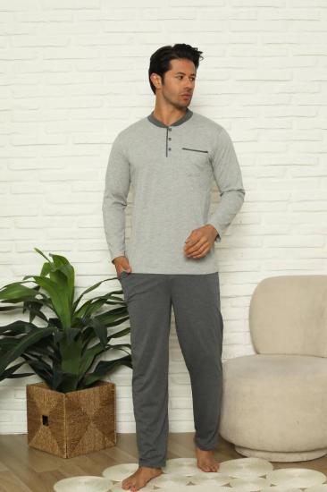 Erkek Pijama Takımı - Gri Uzun Kollu Cepli penye 1215UY