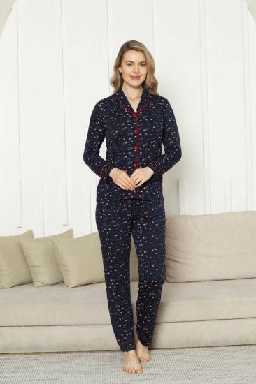 Önden Düğmeli Kadın Pijama Takımı - Laciver Gül Desenli Uzun Kol Likralı Rink Viskon 2862UY