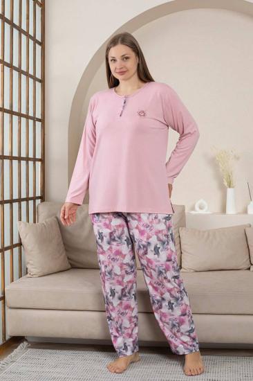 Büyük Beden Bayan Pijama Takımı - Gülkurusu Çiçek Desen Uzun Kol Likralı Penye 2859UYB