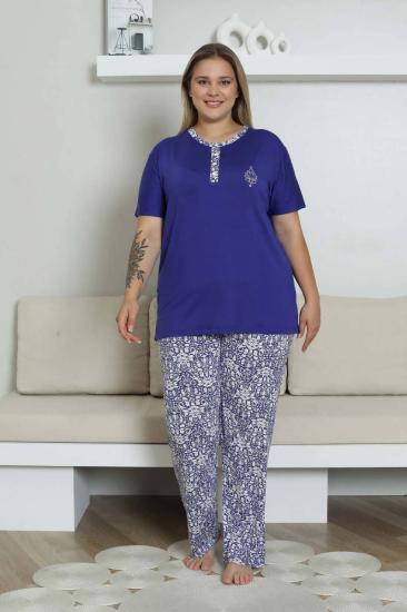 Büyük Beden Pijama Takımı - Saks Mavi Etnik Desenli Kısa Kol Likralı Rink Viskon 2865KYB