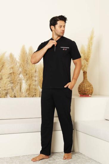 Erkek Pijama Takımı - Siyah Arma Nakışlı Likralı Kısa Kollu Penye 1194KY