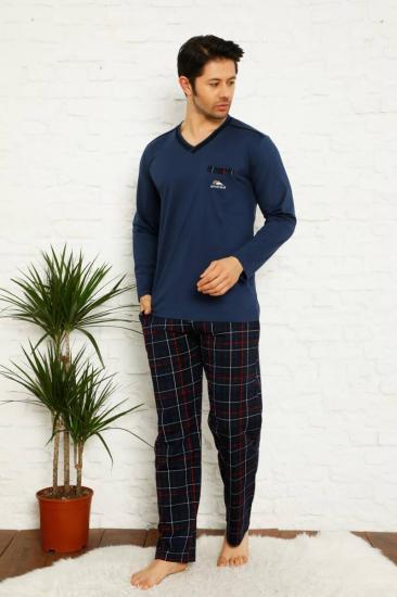 Koyu İndigo Ekoseli Uzun Kollu Erkek Pijama Takımı 1167UY
