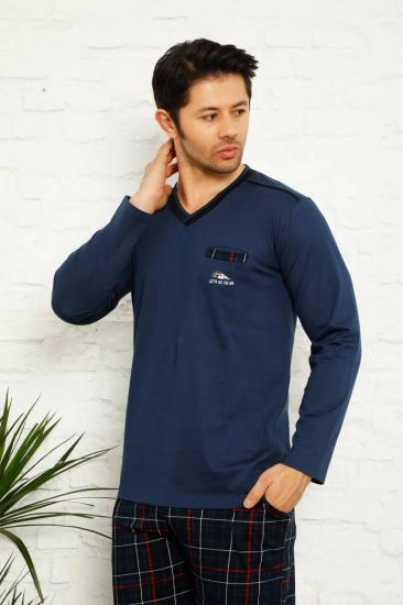 Koyu İndigo Ekoseli Uzun Kollu Erkek Pijama Takımı 1167UY