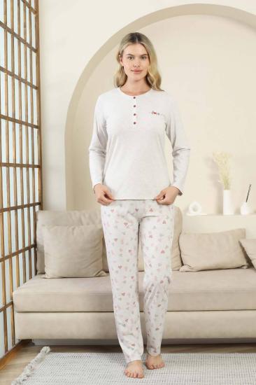 Kalp Desenli Kadın Pijama Takımı - Gri Melanj Uzun Kollu Likralı Viskon 2870UY