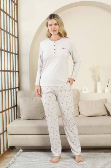 Kalp Desenli Kadın Pijama Takımı - Gri Melanj Uzun Kollu Likralı Viskon 2870UY