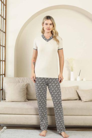 Etnik Desenli Kadın Pijama Takımı - Bej V Yaka Kısa Kollu Bambu Likralı 2866KY