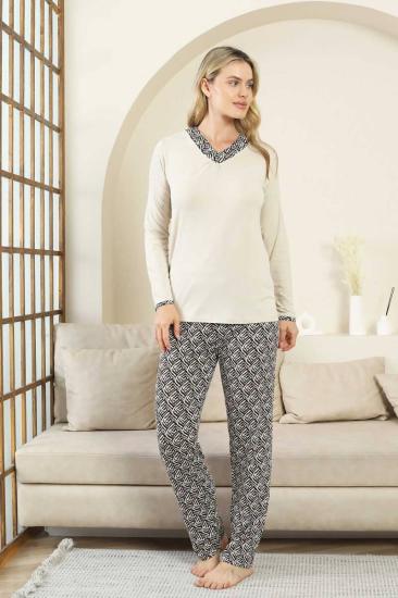 Etnik Desenli Kadın Pijama Takımı - Bej V Yaka Uzun Kollu Bambu Likralı 2866UY